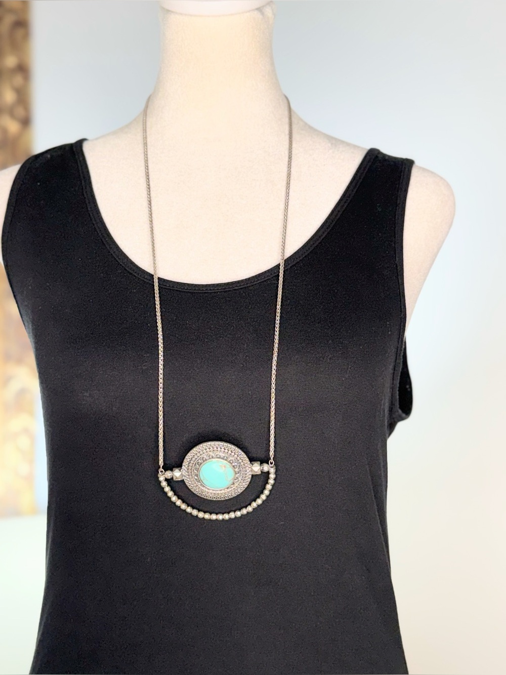 Lucky Brand Turquoise Statement Necklace 32” Silver Tone Boho Pendant Long